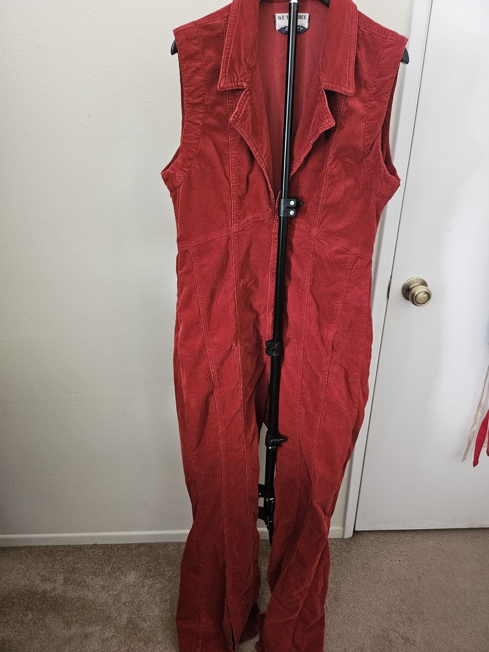 We The Free Red Sleeveless Corduroy Jumpsuit with Notch Collar